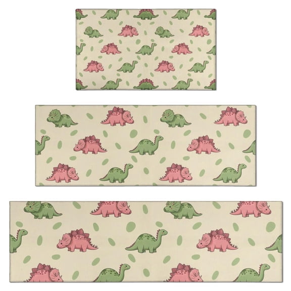 Green and Pink Dinosaur Pattern Kitchen Rugs Sets Of 3,Kitchen Runner Rugs Non Skid Washable,Decorative Kitchen Floor Mats for Kitchen,Sink,Laundry,17"x30" 17"x47" 17"x59"