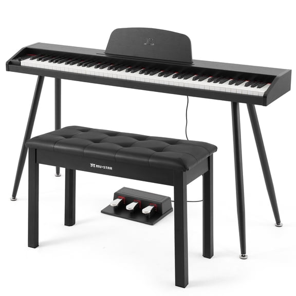 Mustar 88 Key Portable Electric Digital Keyboard Piano Semi Weighted with Storage Stool, 3 Pedals, Built-In Speakers, USB/MIDI, Black