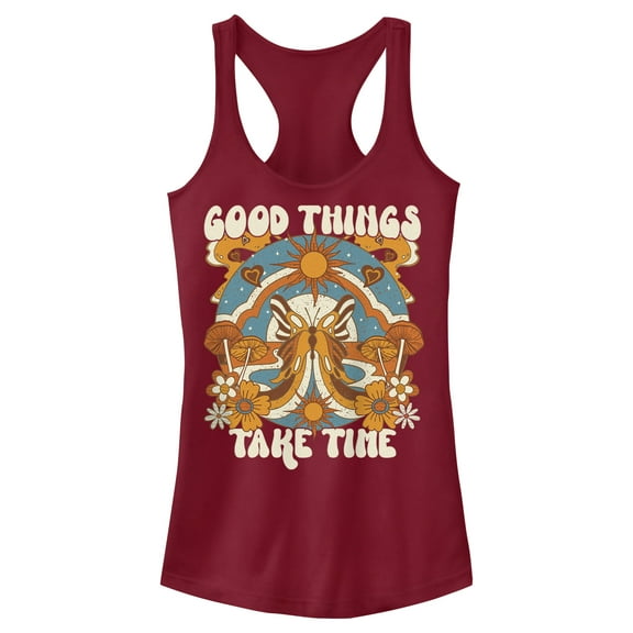 Junior's Lost Gods Good Things Take Time Butterfly Racerback Tank Top Scarlet X Large