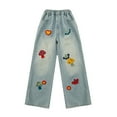 thumbnail image 3 of XIMIN Kid Girls Wide Leg Loose Fit Jeans Mushroom Embroidery Elastic High Waist Baggy Denim Pants Vintage Y2k Skater Streetwear Aesthetic Teen Clothes, 3 of 7