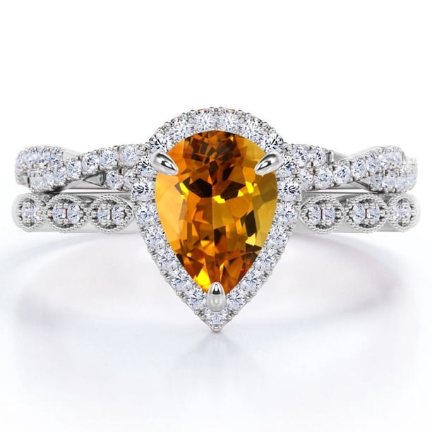 JeenMata Anillo de Compromiso Vintage de 1,5 Quilates con Citrino y Moissanita, Piedra Natal de Noviembre, Talla Pera: Conjunto Nupcial con Halo Pavé en Oro Blanco de 18 K sobre Plata