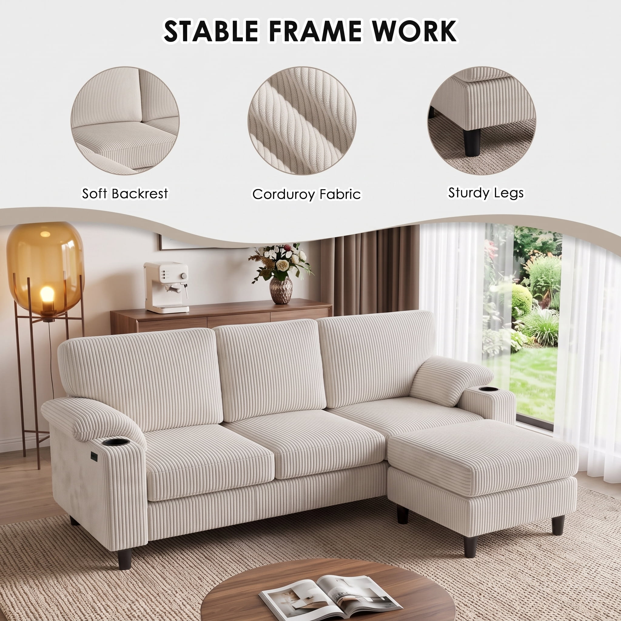 Anpport 80" L‑Shaped Corduroy Sectional Sofa, 3‑Seater Couch with Storage Ottoman, USB Port & Cup Holders for Small Spaces, Beige