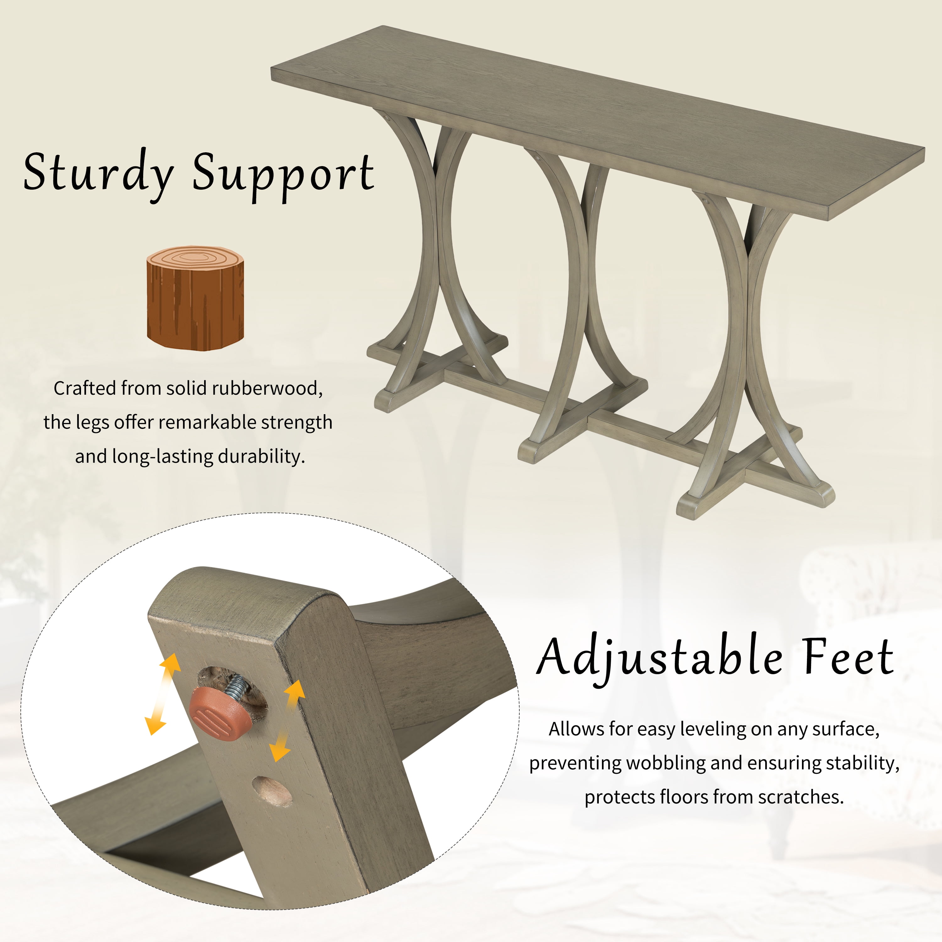 59.8" Wooden Console Table with Oak Veneer Top, Farmhouse Entryway Table with Rubber Wood Slender Curved Legs, Perfect for Living Room, Entryway, Hallway, Dining Spaces