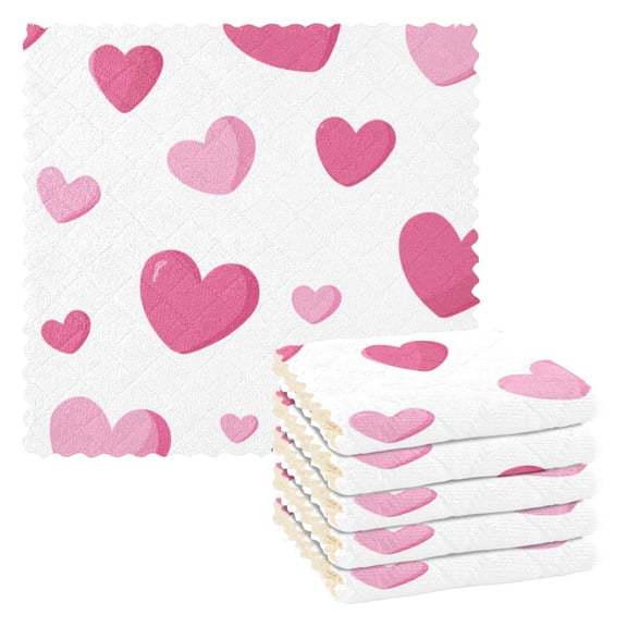 Pink Hearts Valentine Dish Cloths Dish Towels Cleaning Cloths Quick Drying Reusable 11" x 11" Set of 6