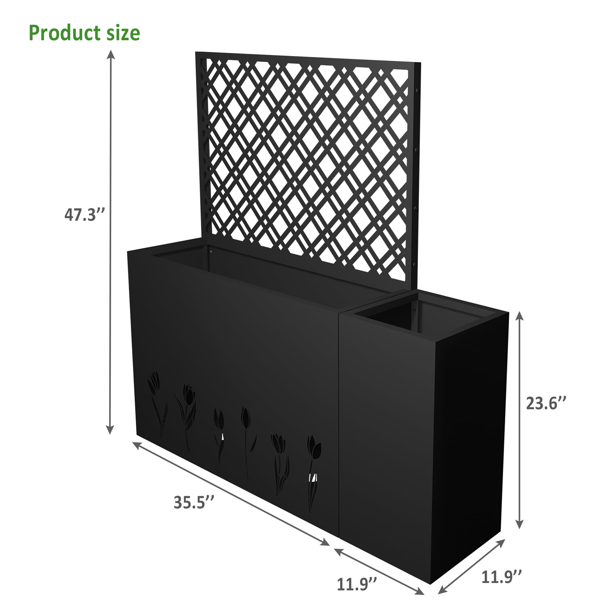 Mintazer Metal Planter Box Set with Trellis & Tulip Pattern, Outdoor Privacy Planter with Drainage Holes, Rust-Resistant Galvanized Steel Flower Planter, Black