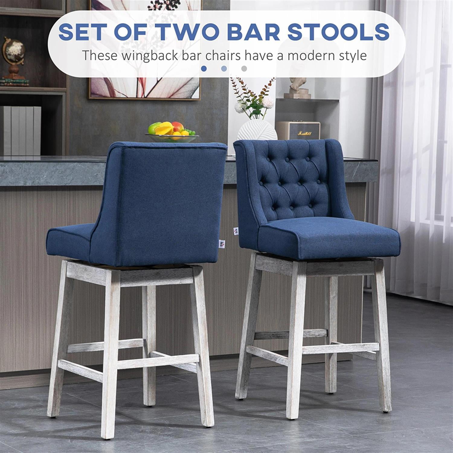 Demi Bonn 180 Degree Swivel Bar Stool Set of 2, Modern Cushioned Bar 30" Seat Height Stool with Button Tufted Back and Solid Wood Legs, Blue