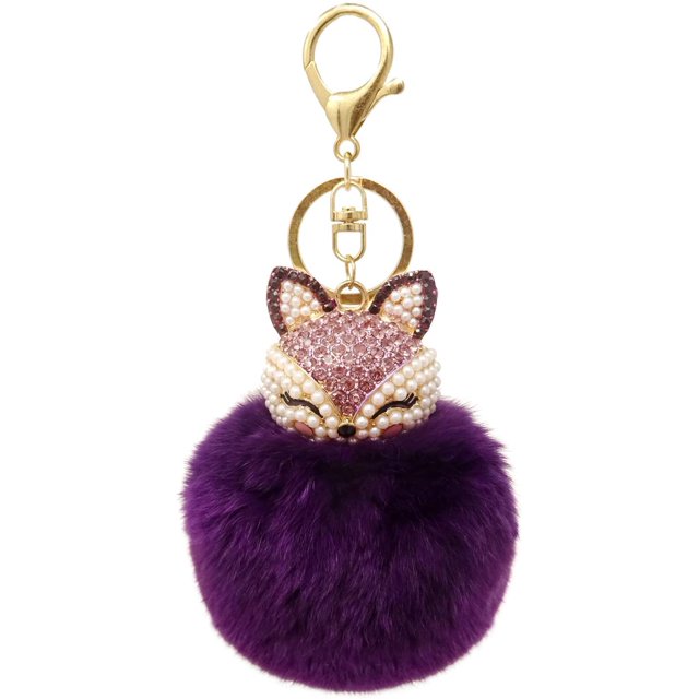 Honbay - Llavero con pompón de piel sintética de conejo, con cabeza de zorro y diamantes de imitación para bolso de mujer, bolso escolar, teléfono móvil o colgante de coche (rosa) MFZFUKR WMPH-1286-2