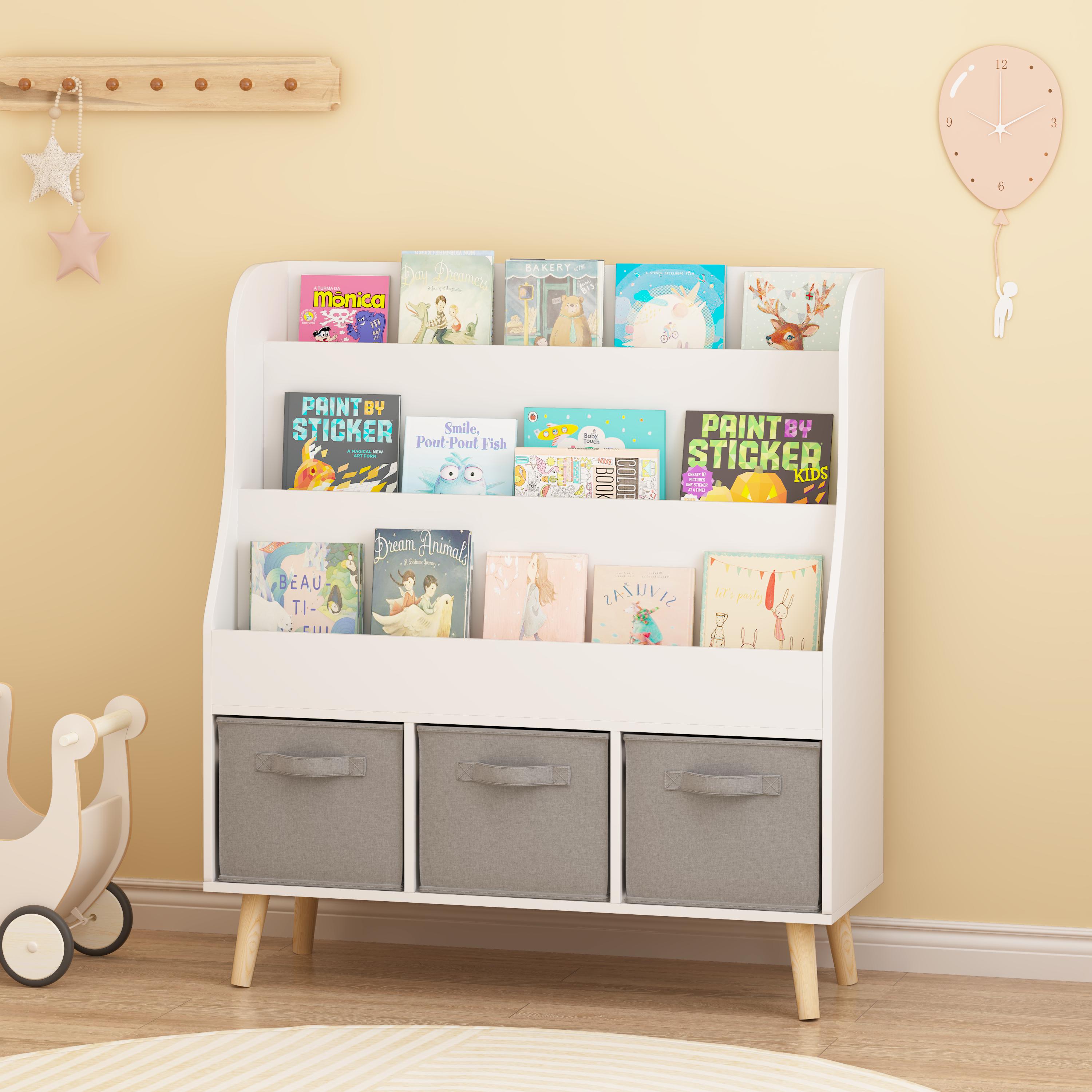 Yoneston Kids Bookshelf with 3 Fabric Storage Bins & 3 Tier Shelves, Wooden Book Rack with Solid Legs for Playroom Nursery Bedroom, White