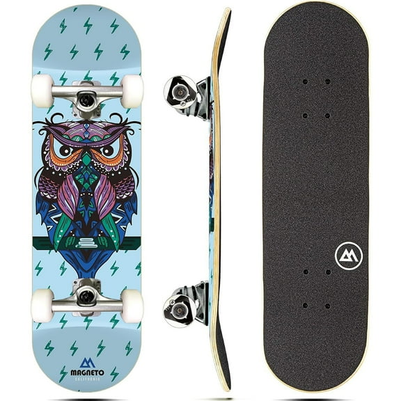 Magneto Complete Cruiser Skateboard - Skateboard Deck with 9-Ply Maple & Double Kicktails for Tricks - ABEC-5 Bearings & 95A 51mm Wheels for Smooth Ride - 27.5 x 7.75 in, Wise Owl Blue