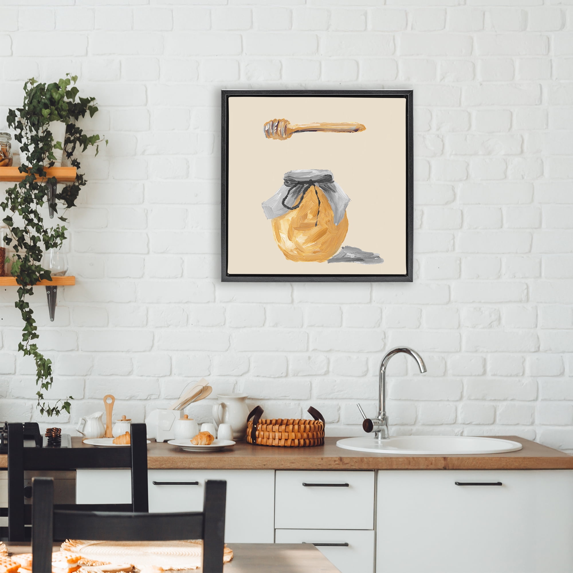 Stupell Industries Honey Jar over Tan Black Framed Floater Canvas Wall Art, design by Lucille Price