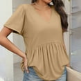 thumbnail image 4 of TQWQT Women's Summer Tops Babydoll Short Sleeve Tunic Top Peplum V-Neck Tshirts Solid Color Tee Casual Blouse Plus Size Maternity Clothes Khaki 3XL, 4 of 5