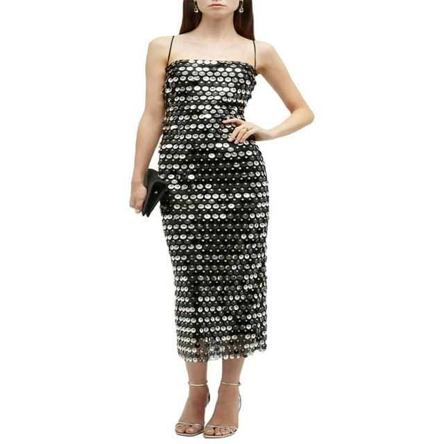 Femmes Midi Bodycon Robe Paillettes Spaghetti Sangle Sans Manches Fronde Cocktail Robe d'Été Dos Nu Partie Club Robe