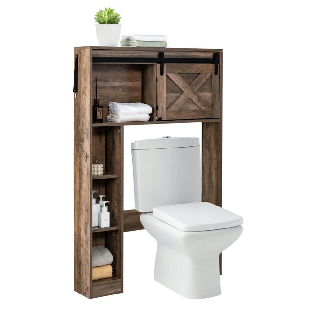 Finihen Toilet Storage Cabinet, Bathroom Cabinet Organizer, 4-Tier Over The Toilet Storage Cabinet with Sliding Barn Door and Storage Shelves, for Bathroom, Brown