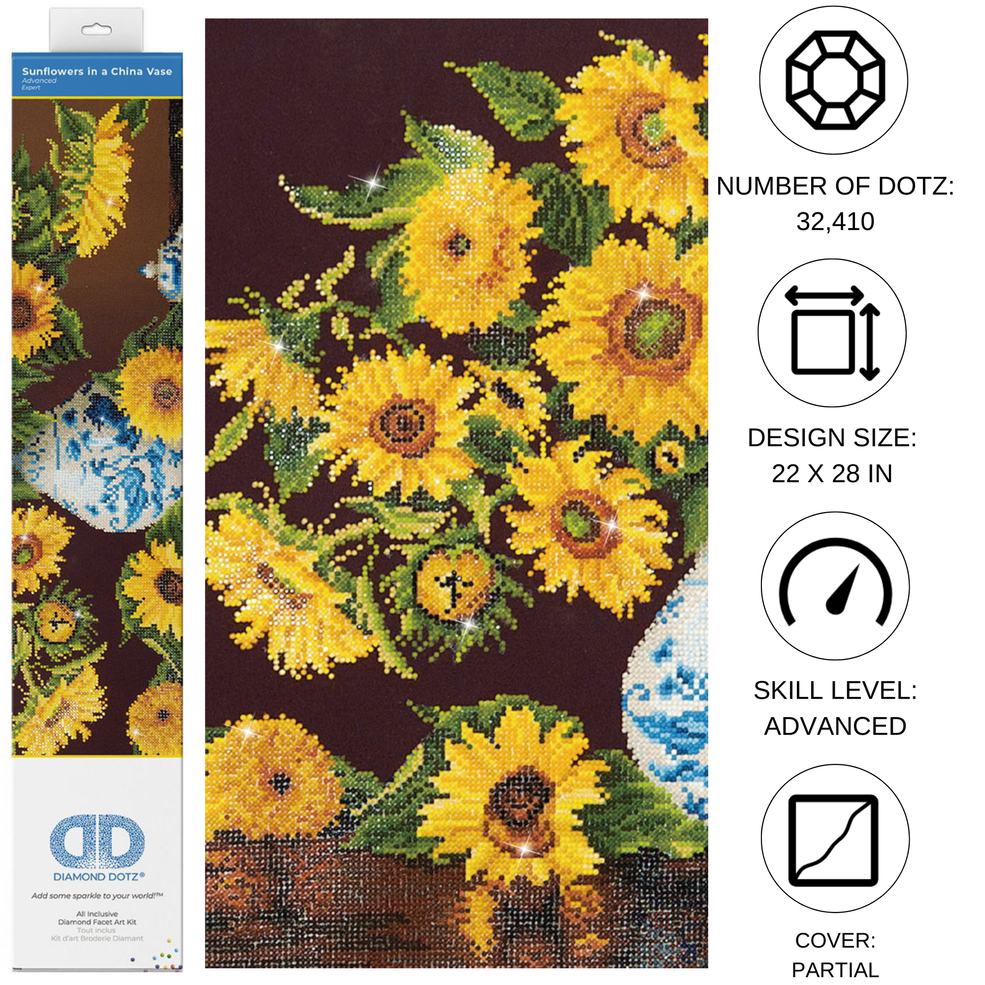 Diamond Dotz Sunflowers in a China Vase Floral Diamond Painting Kits for Adults - Diamond Art Kits a Relaxing Creative Craft Kit with Dotz Gems 22"x28"
