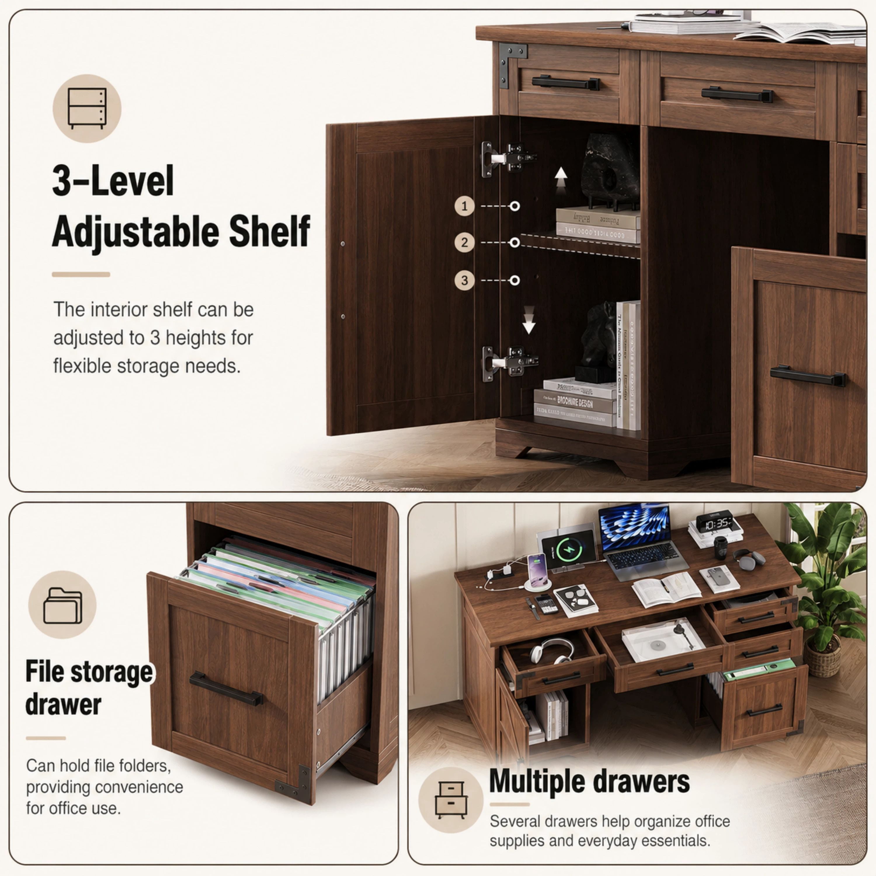Euroco 55" Executive Desk with Charging Station & 5 Drawers, Farmhouse Computer Desk with File Drawer & Cabinet,Wooden Home Office Desk for Work Study,Walnut