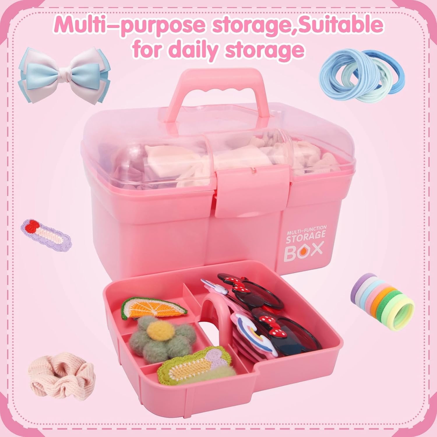 11in Mutipurpose Storage Box Organizer with Removable Tray, Portable Small Craft Organizer with Handle, Plastic Clear Tool Box Art Case for Makeup, Sewing, , Hair Accessories ()