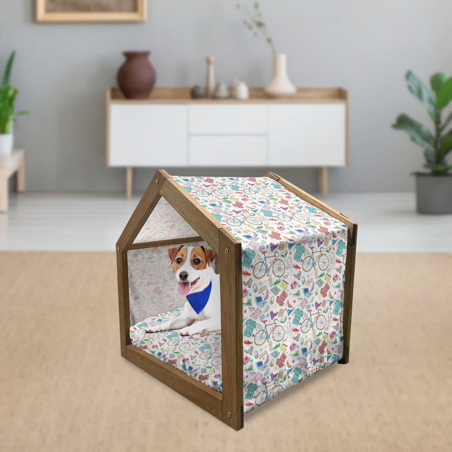 Indie Pet House, Urban Hipster Accessories Pattern Colorful Doodle Clothes  Shoes Computers Bicycles, Outdoor & Indoor Portable Dog Kennel with Pillow