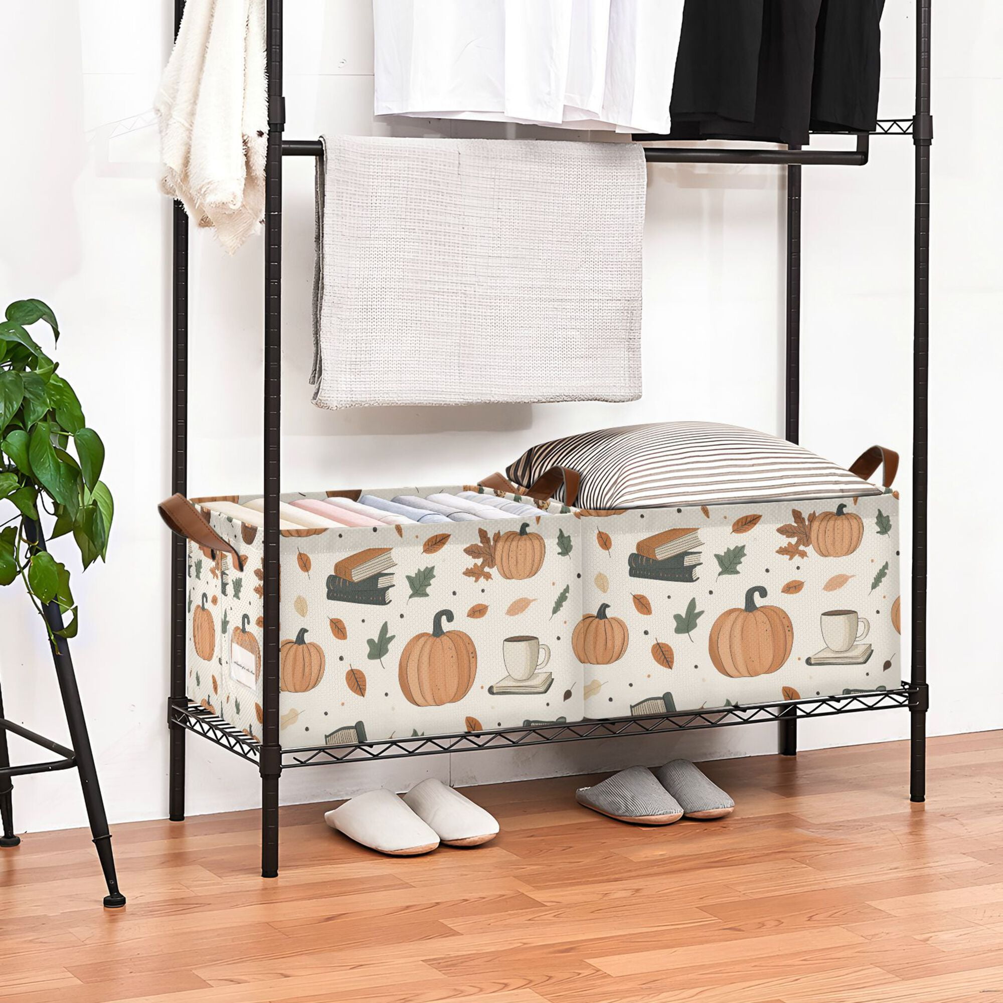 Yayeee Foldable Storage Basket for Shelves with Handles Waterproof Cloth Bins, Beige Fall Leaves