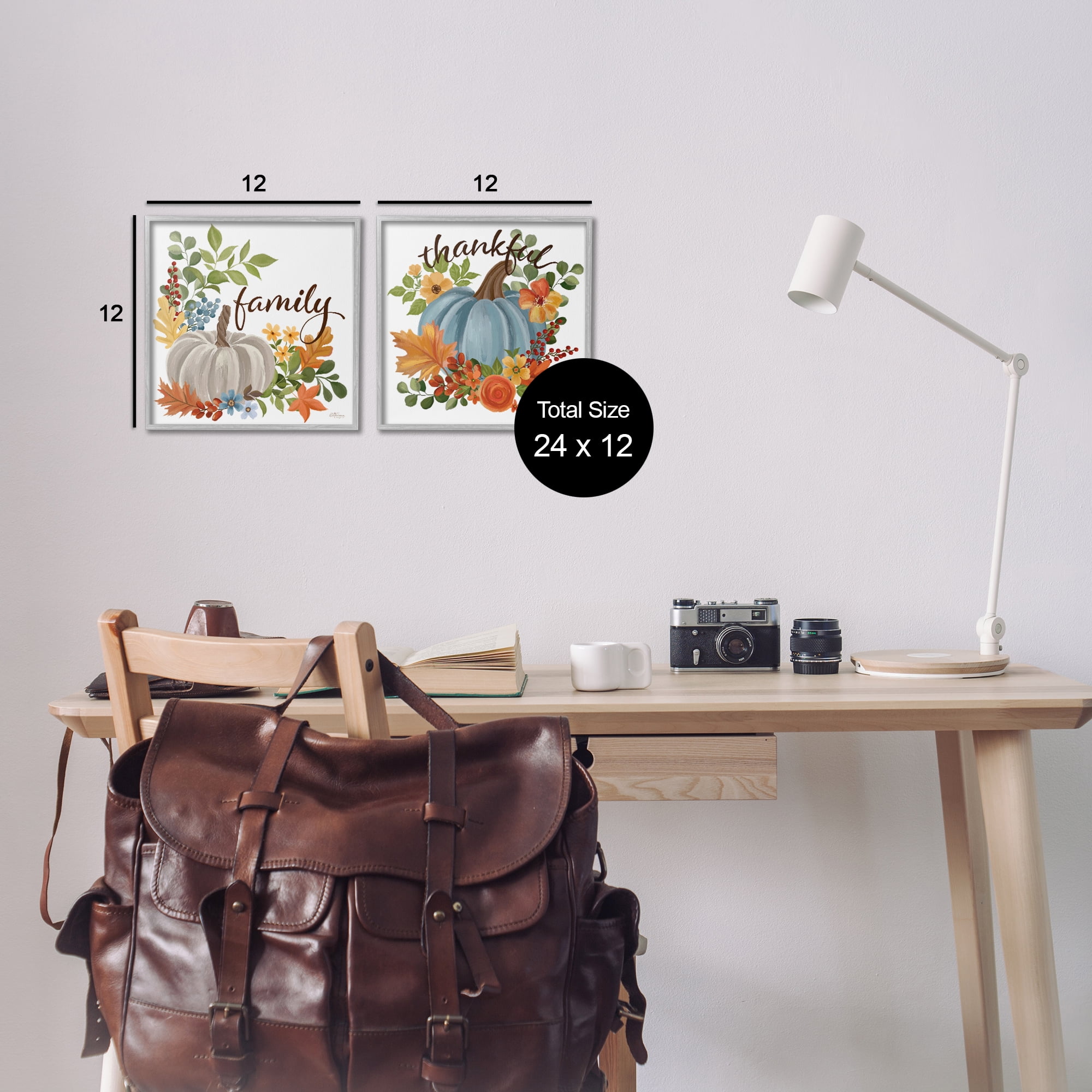 Stupell Industries Family Thankful Fall Pumkin Botanical & Floral Painting Gray Framed Art Prints Wall Art, 12 x 12, Set of 2