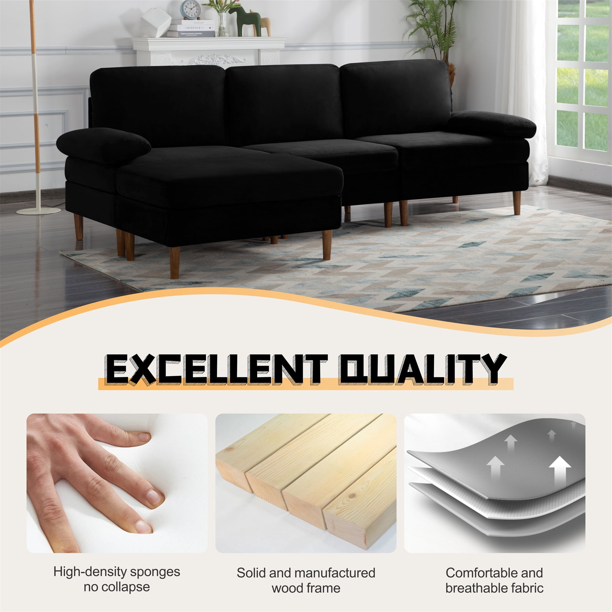 Aukfa 100" Velvet Sectional Sofa Modular Couch with Chaise for Living Room, Black