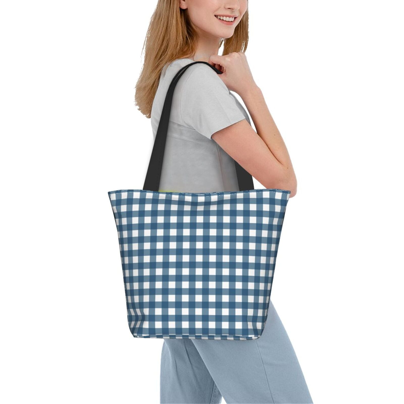 ★TOUT Y EST★ Gingham Check Middle Tote BagGR P523AHT001FF Tote Bag for Women/Men - blue gingham check plaid Handbags