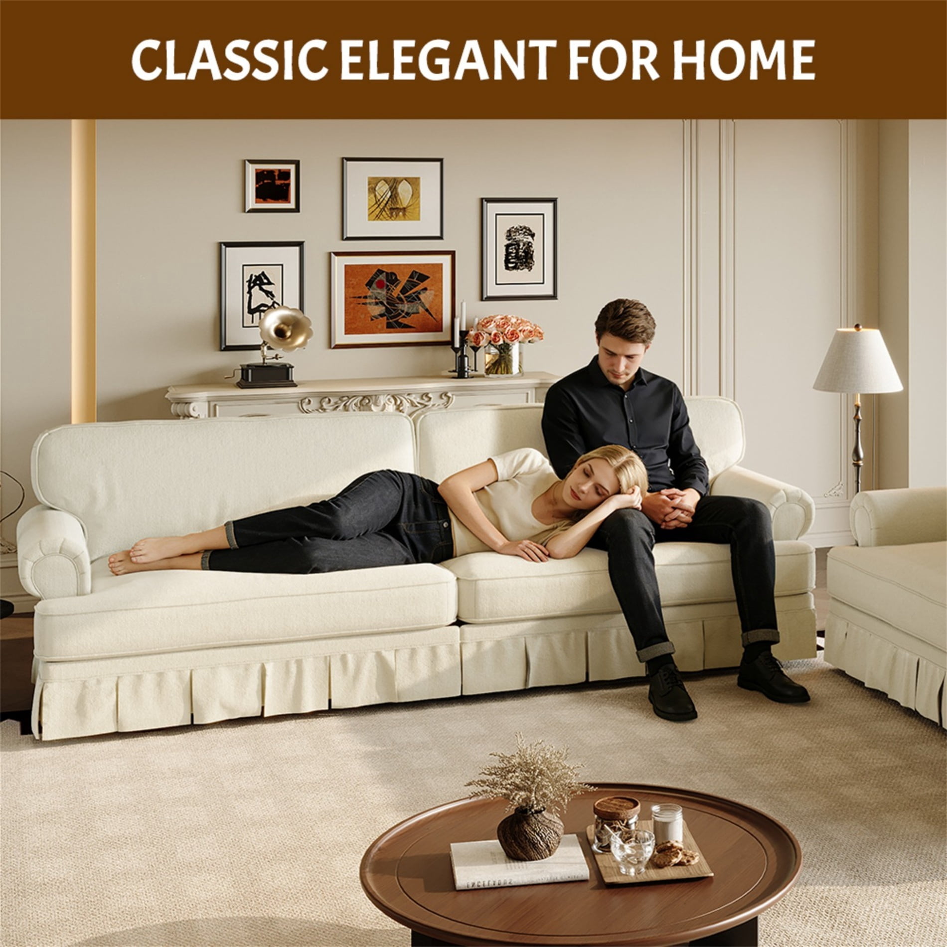 Alvantor 74" 3-Seater Cloud Sofa Couch Upholstered Chenille Couch with Rolled Arms & Pleated Skirt, Mid-Century Modern Sofa for Living Room Beige