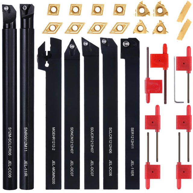 LYMMIYTC 1/2" 12mm Indexable Lathe Turning Tool 21Pcs Kit- 7Pcs Metal Lathe Tools Holder Set with 14Pcs Carbide Insert Turning Inserts for Turning Gro
