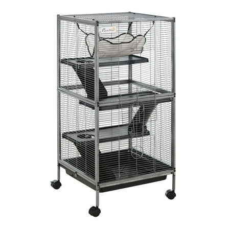 Small Animal Cage Ferret Chinchilla Cage, 4 Tier Metal Habitat with Hammock & Removable Tray, Silver Gray