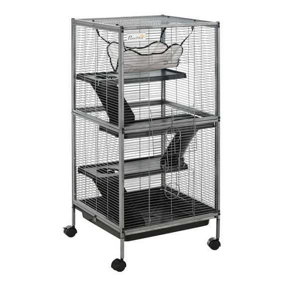 Small Animal Cage Ferret Chinchilla Cage, 4 Tier Metal Habitat with Hammock & Removable Tray, Silver Gray