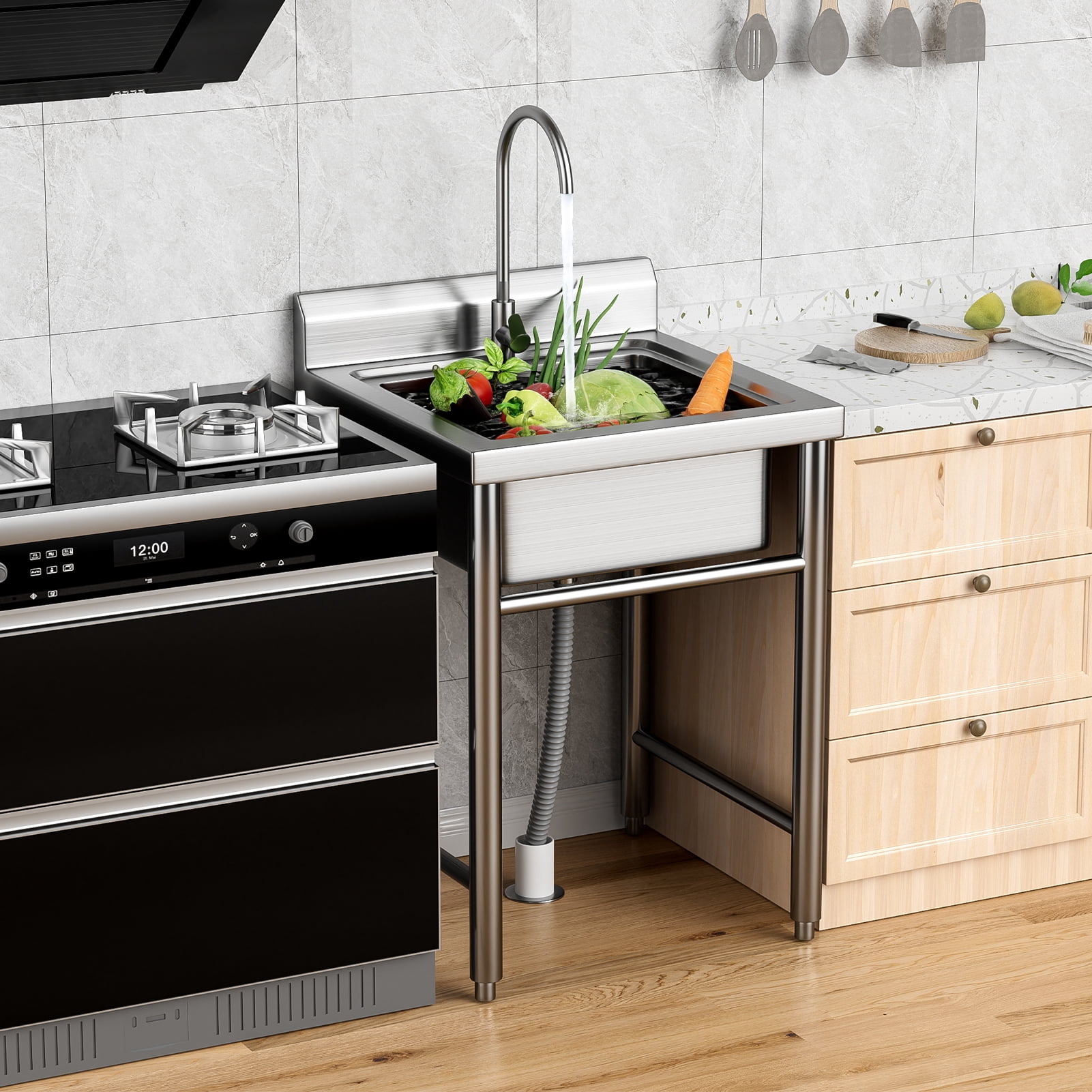 Suhire Freestanding Stainless Steel Utility Sink, Commercial Outdoor Sink with High Baffle, Single Bowl Laundry Sink for Restaurant Garage