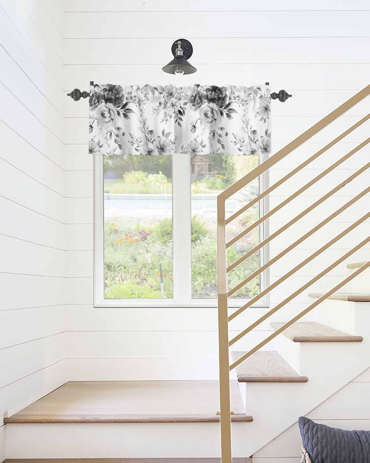 Spring Blossom Grey Flower Curtain Valances for Kitchen Windows,Rod Pocket Short Valance Retro Watercolor Floral Plant Window Treatment for Living Room Bathroom Bedroom,54" x 18"-1 Panel