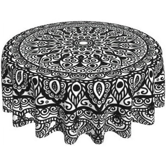 Mandala Black and White Waterproof Picnic Patio Party Round Table Cloth Cover Decorations Fabric 60 Inch Circular Tablecloth for 20-47 Inch Home Dining Room Kitchen Decor