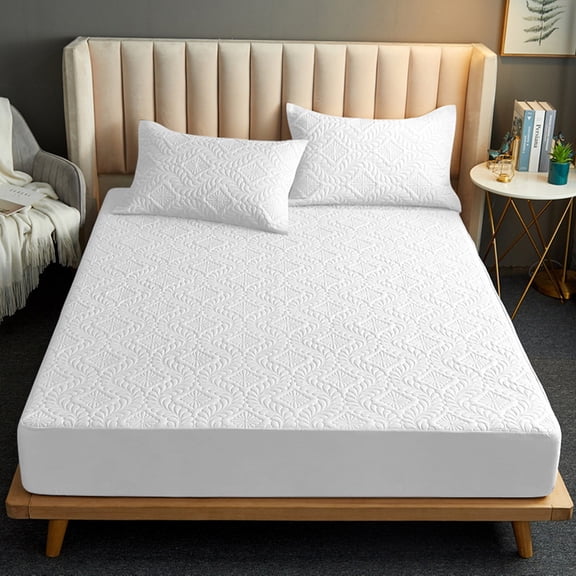 Queen Size Waterproof Mattress Protector Quilted Fitted Cover 60 x 80 in Deep Pocket 2 to 12 in, White