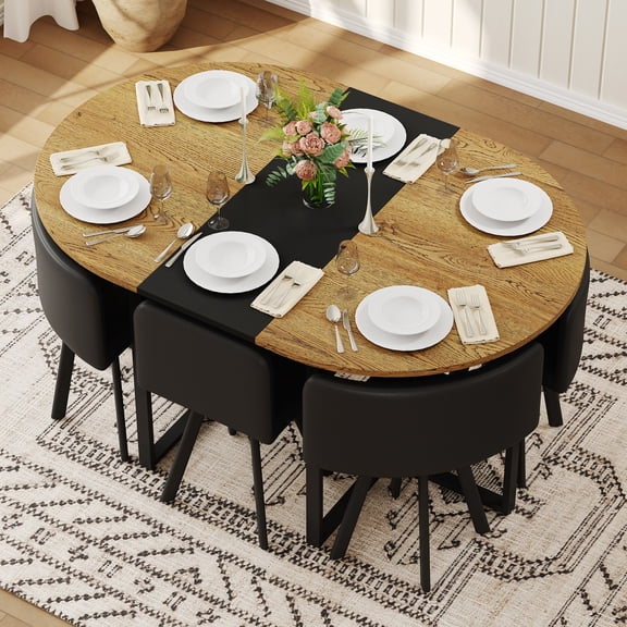 JUFU 59" Oval Dining Table Set for 6, Space Saving Kitchen Table and Chairs Set, MDF Wood Dining Room Furniture with 6 Upholstered PU Chairs, Modern Dining Set for Apartment, Small Space