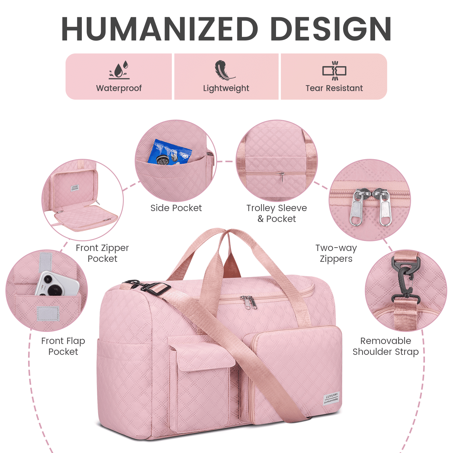 Travel Duffle Bag for Women Men, Foldable Weekender Bags Carry on Gym Bag with Wet Pocket/Adjustable Strap/Shoe Compartment, Waterproof Overnight Tote Bag for Plane Sports Dance, Pink