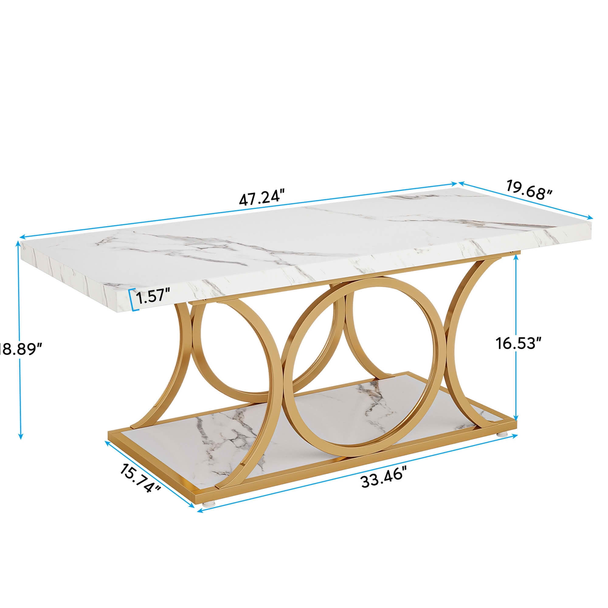 MAYEERTY 47.24" 2-Tier Rectangular Coffee Table, White Faux Marble E1 Particle Board Gold Metal Leg Storage Center Table for Living Room Studio Apartment