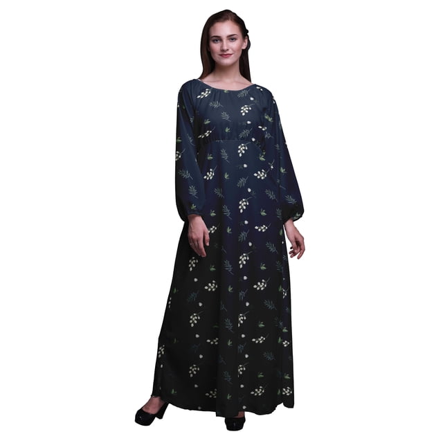 Bimba Robe Maxi d'Été Décontractée pour Femmes en Georgette Mousse à Imprimé Feuilles de Pacanier, Longue, Taille Élastique - Moyen