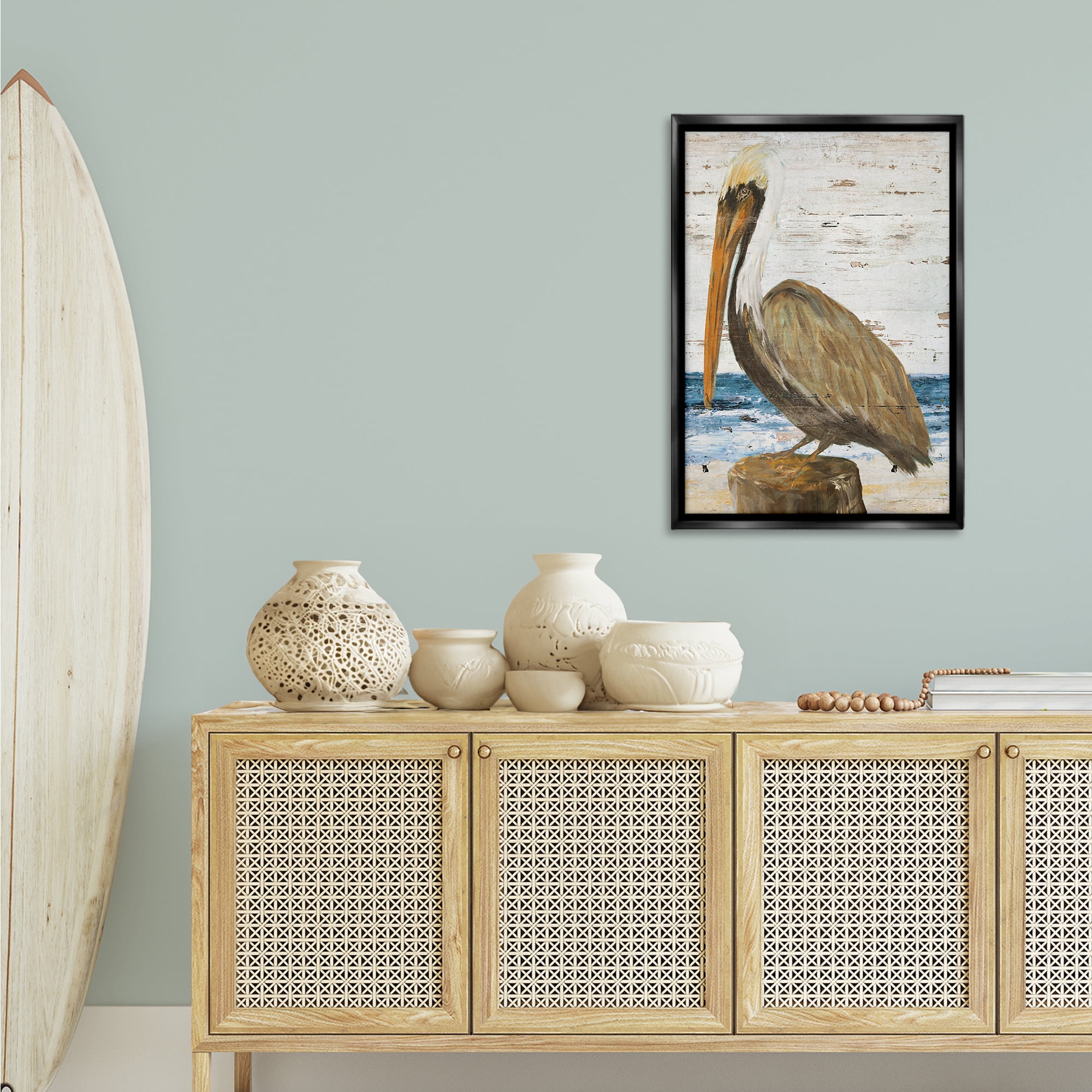 Stupell Industries Rustic Ocean Pelican Animals & Insects Painting Black Floater Framed Canvas Art Print Wall Art, 21 x 31