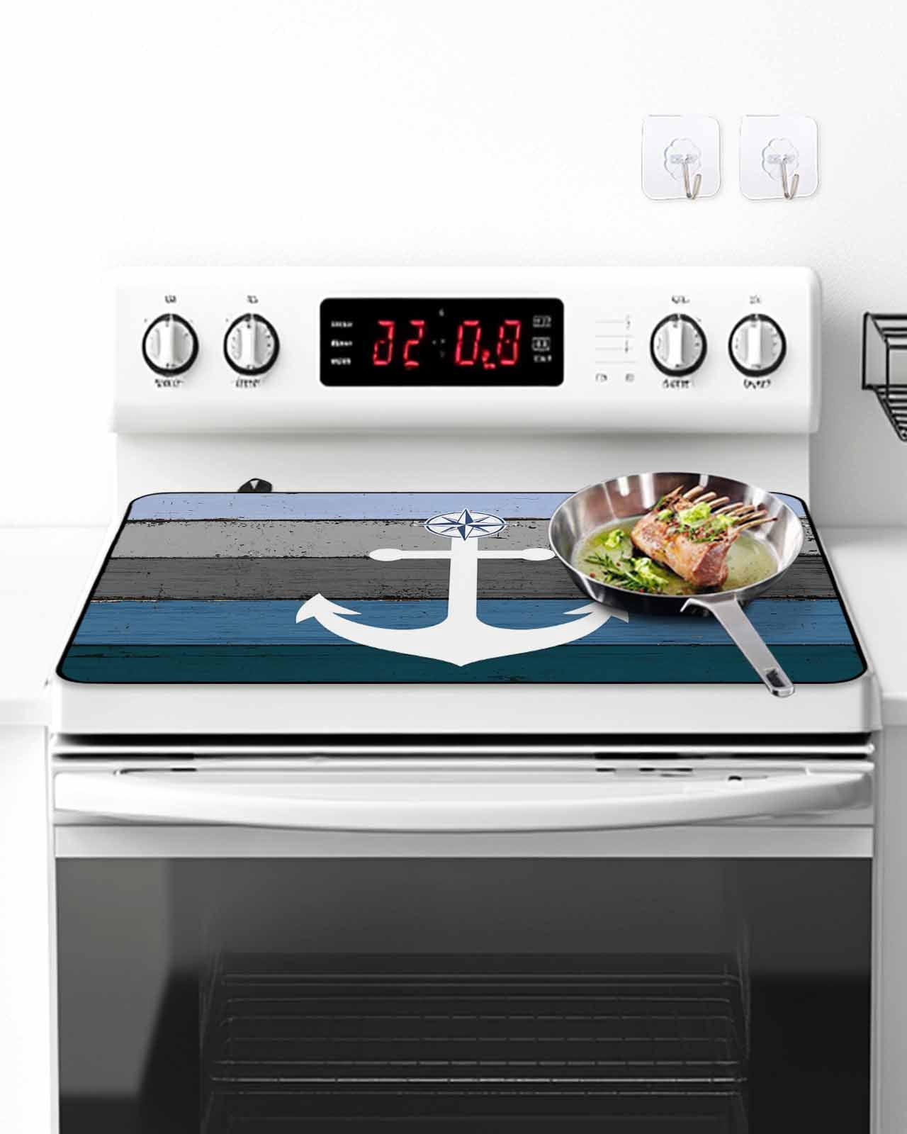 Stove Top Covers for Electric Stove, Blue Nautical Anchor Glass Stovetop Cover Protector, Rustic Distressed Wood Grain Induction Cooktop Protector Oven Mat for Kitchen Countertop 28.5"x20.5"