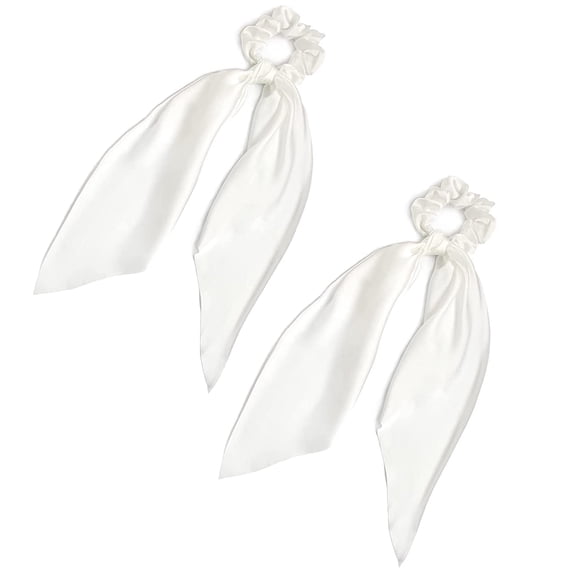 2 Pack Knotted Bow Hair Scrunchies, Satin Hair Ties & Scarf Set, Elastic Ponytail Holders for Women Girls, 3" Diameter 11.5" Ribbon, Removeable & Versatile for Buns, Bracelets or Bag Decor, White