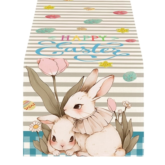 Chemin de Table de Pâques Ensemble de Table Décor de Salle à Manger avec Tissu en Polyester Doux, Motifs Floraux de Lapin et d'Œuf et Surface Résistante aux Taches pour Fête de Vacances et Table à Manger