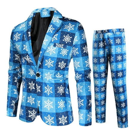 

Joyfeel 2 Pcs/Set Jacket Pants Suit Cartoon Santa Snowflake Print Plaid Pattern Color Matching Lapel Long Sleeve Single Button Straight Leg Men New Year Party Coat Trousers Set