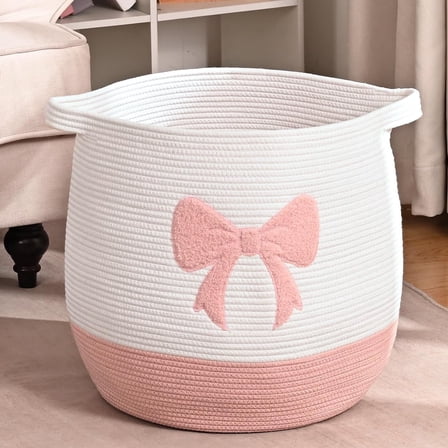 Natubeau Woven Storage Basket for Shelves, Cotton Rope Baskets, Toy and Blanket Storage Baskets for Kids, Pink Bow Round Hamper with Handles, 17"x15.7