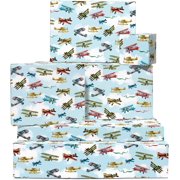 Kids Wrapping Paper - 6 Sheets of Gift Wrap and Tags - Vintage Airplane - Boys Birthday Wrapping Paper - Birthday Gift Wrap for Men Him Adult - with Stickers - Recyclable