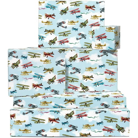 Kids Wrapping Paper - 6 Sheets of Gift Wrap and Tags - Vintage Airplane - Boys Birthday Wrapping Paper - Birthday Gift Wrap for Men Him Adult - with Stickers - Recyclable