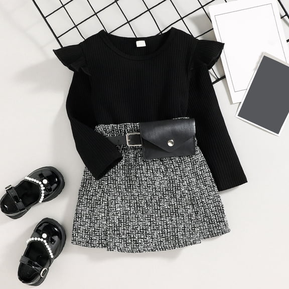 BONIXOOM Little Girls Outfits Clothes Toddler Children'S Clothing Set Cap Sleeve Round Neckline Belt Christmas Set Black 4 Years