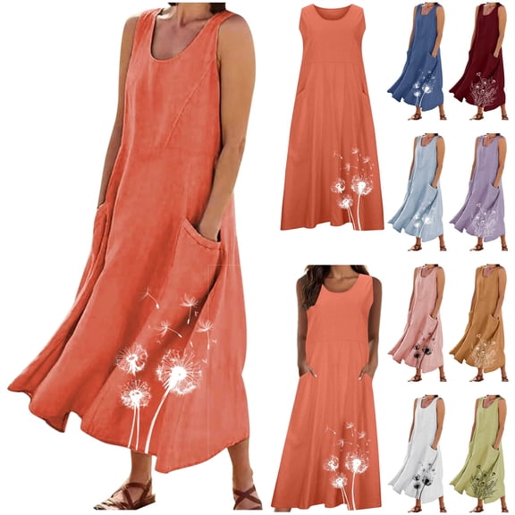 BiZtdJrK Red Cotton Linen Maxi Dress for Women Summer Boho Casual Beach Dresses Loose Comfy Sleeveless Long Dress with Pocket Vacation Outfits XL
