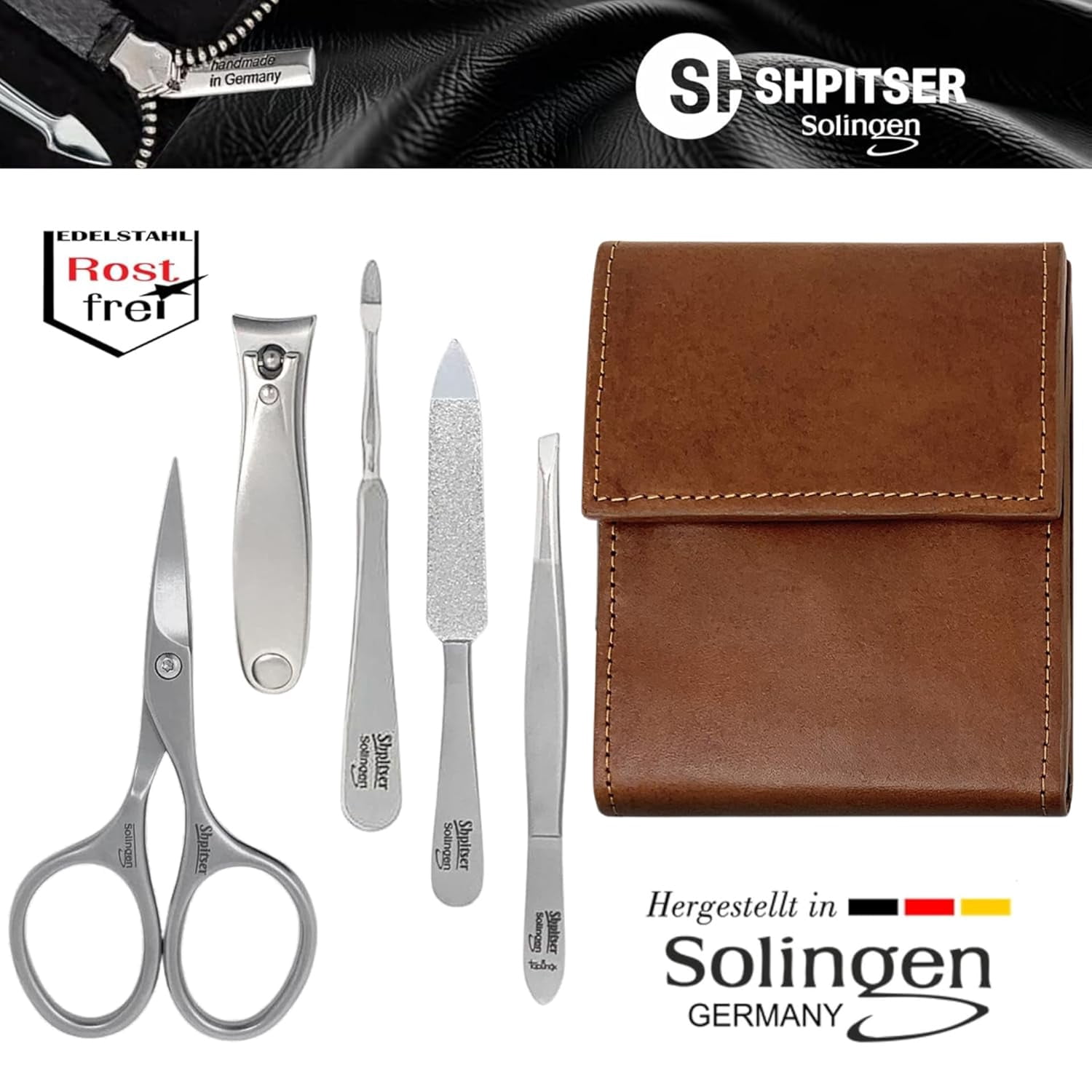 Shpitser Nail Kit, Manicure and Pedicure Women Set of 5 tools: Sharp Scissors, Clipper, Tweezers, Nail Cleaner, Nail File, Made in Solingen, Germany, Sturdy Stainless Steel, In Italian Leather Case