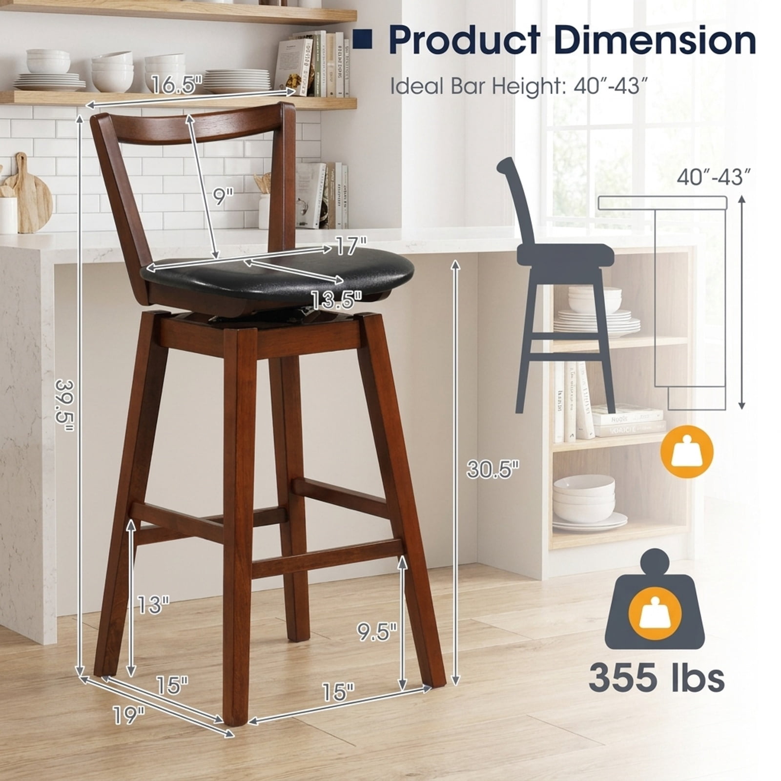 Furnibear Swivel Upholstered PU Leather Stool with Backrest and Cushioned Seat-30.5 inches for Kitchen Island Counter Bar Pub Dining Home, Walnut and