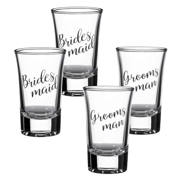 Lillian Rose Set of 2 Bridesmaid and 2 Groomsman Shot Glasses, 4 Count (Pack of 1), Clear